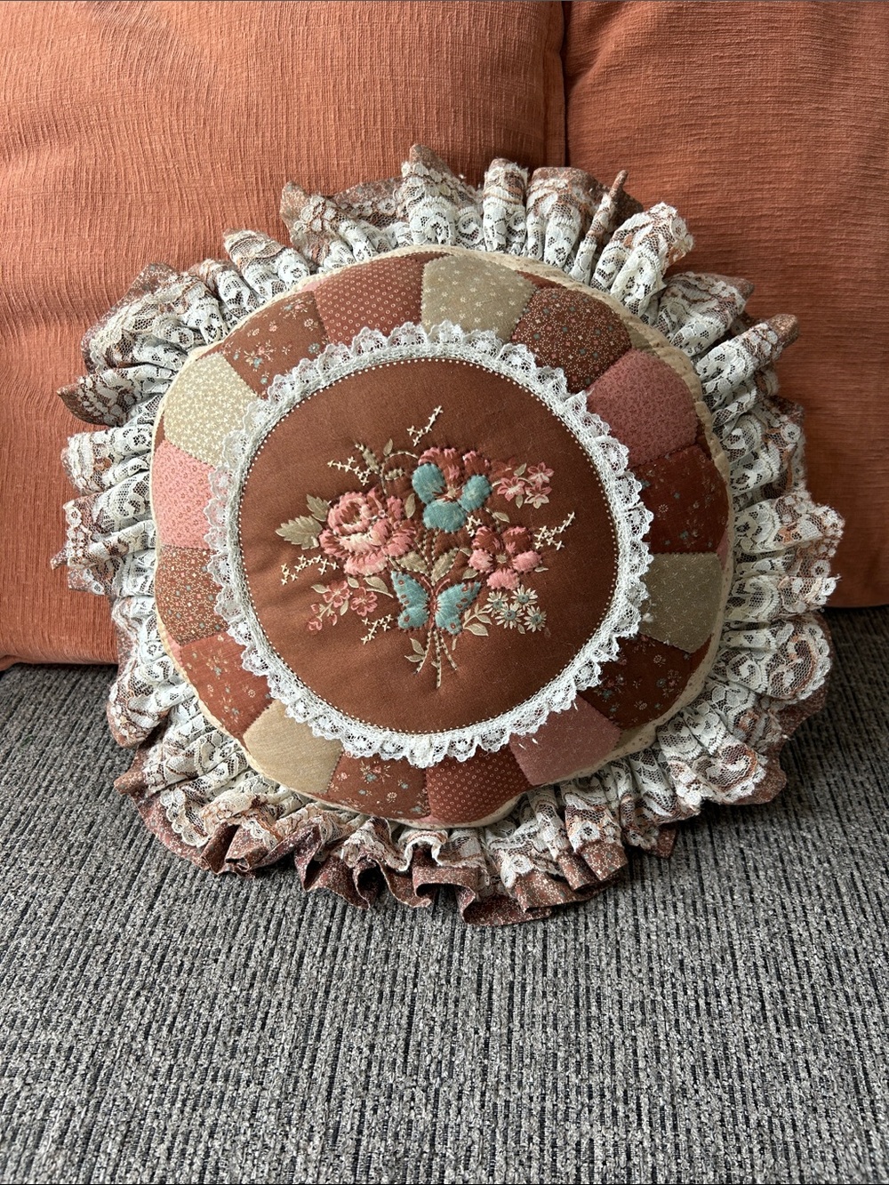 Decor Round Floral Quilted/lace Pillow - Rust/Pink/Cream - Butterfly/flowers
